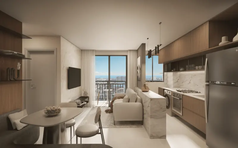 Living integrado de apartamento do Inc Pulse Parquelândia — render oficial